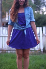 Purple strapless forever 21 dress and chambray tie shirt