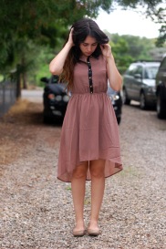 mocha dress with leather and gold details, high low hem