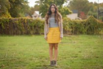 stripes, yellow, cardigan,grey,skirt