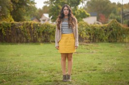 stripes, yellow, cardigan,grey,skirt
