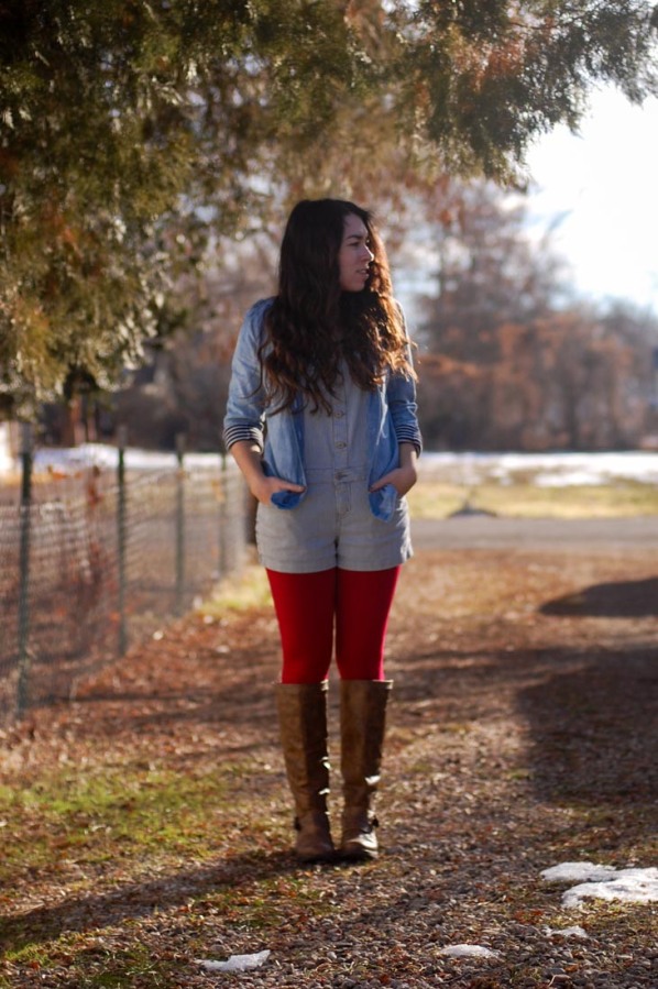 Tights, Overalls, Denim, Chambray, Red, Stripes